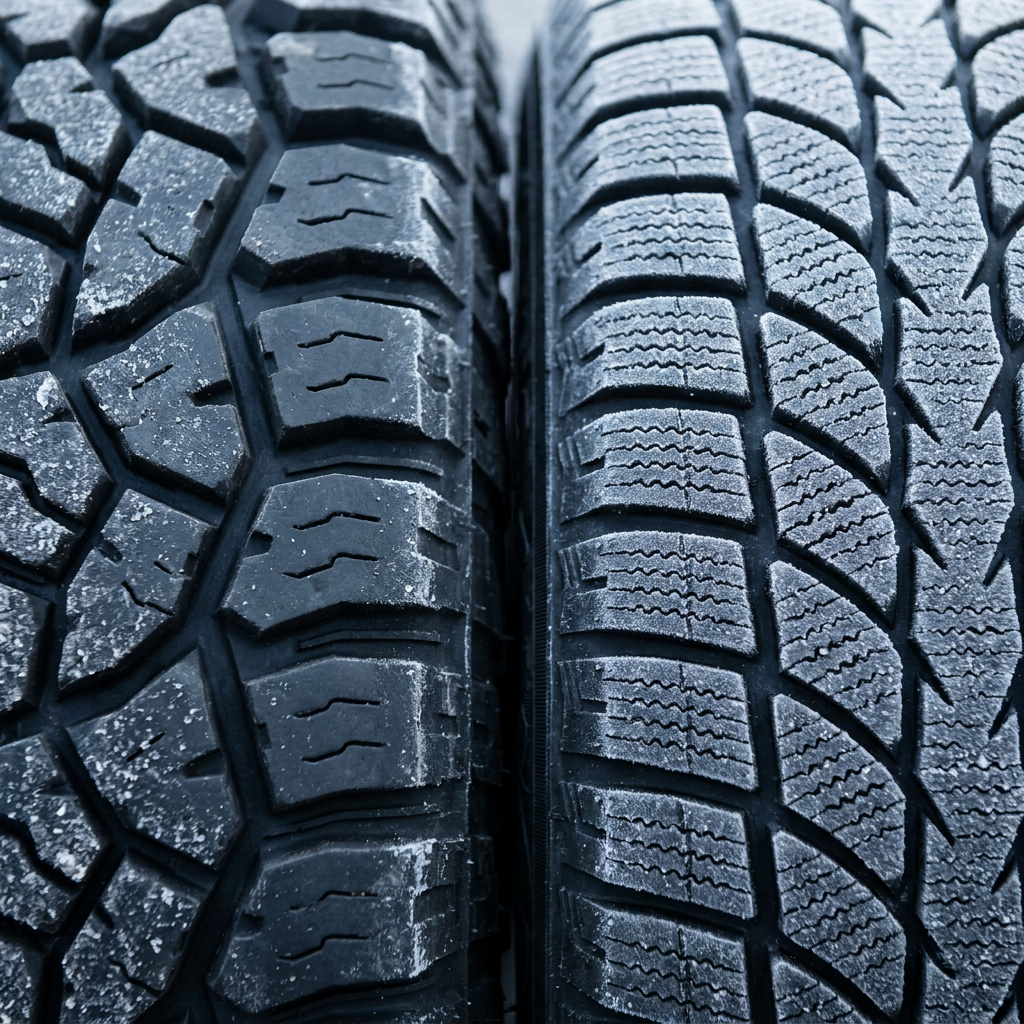 Side-by-side close-up view of two distinct frosted winter tire tread patterns. (Representative image for illustration purposes only. Actual vehicle may vary based on trim and configuration.)