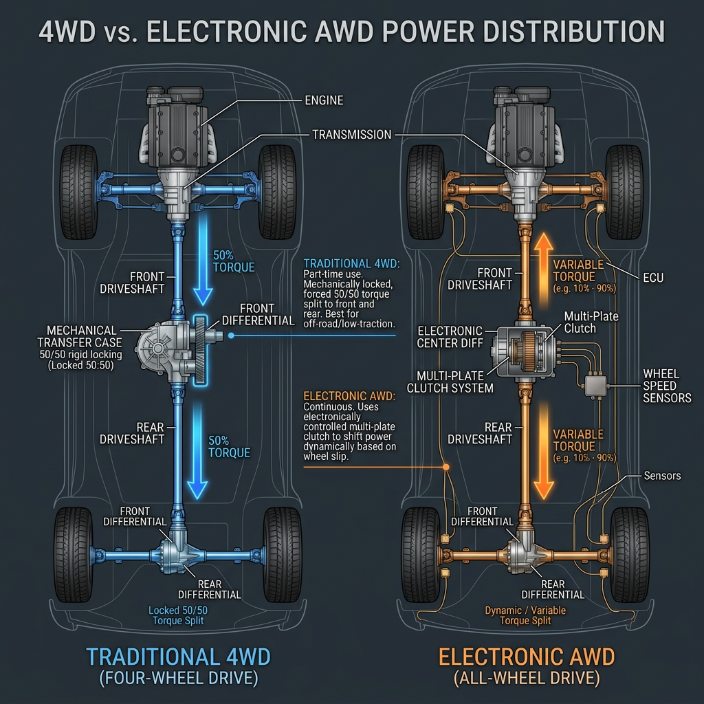 Comparison diagram showing mechanical components and power distribution of Traditional 4WD versus Electronic AWD. (Representative image for illustration purposes only. Actual vehicle may vary based on trim and configuration.)