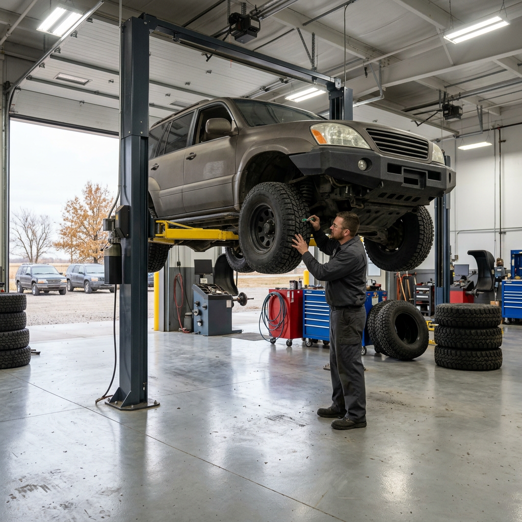 Mechanic standing in an auto repair shop measuring the tire tread depth of an SUV raised on a hydraulic lift. (Representative image for illustration purposes only. Actual vehicle may vary based on trim and configuration.)