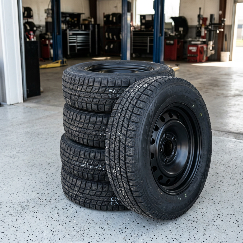 A stack of winter tires mounted on black steel rims standing in an auto repair shop bay. (Representative image for illustration purposes only. Actual vehicle may vary based on trim and configuration.)