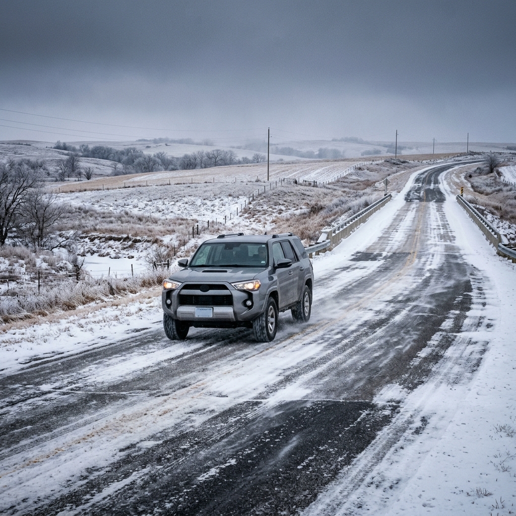 A gray SUV driving on a snowy rural road over a bridge under a dark winter sky. (Representative image for illustration purposes only. Actual vehicle may vary based on trim and configuration.)
