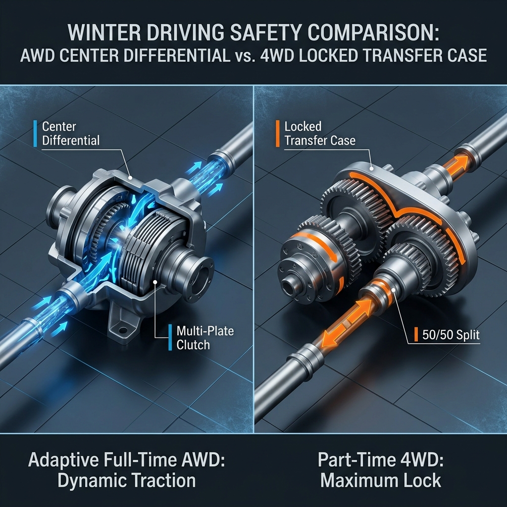 Diagram comparing an adaptive AWD center differential with a part-time 4WD locked transfer case for winter driving. (Representative image for illustration purposes only. Actual vehicle may vary based on trim and configuration.)