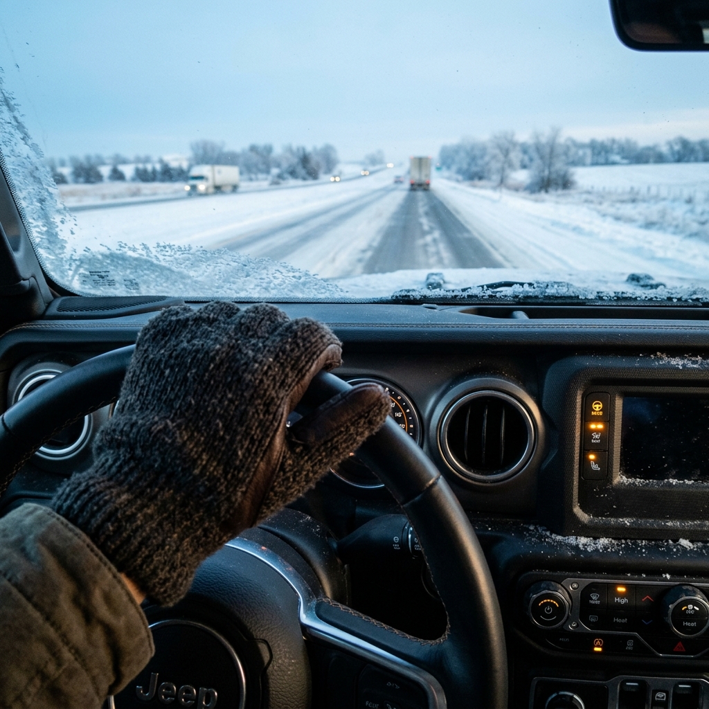 Driver wearing a winter glove gripping a Jeep steering wheel on a snowy, icy highway. (Representative image for illustration purposes only. Actual vehicle may vary based on trim and configuration.)