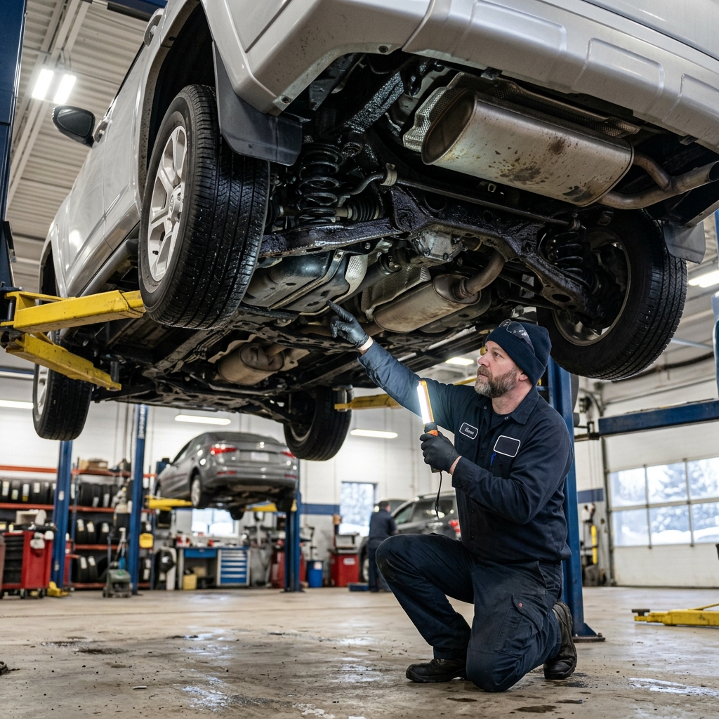 Auto mechanic kneeling under a raised car on a hydraulic lift, pointing a flashlight at the vehicle's undercarriage. (Representative image for illustration purposes only. Actual vehicle may vary based on trim and configuration.)