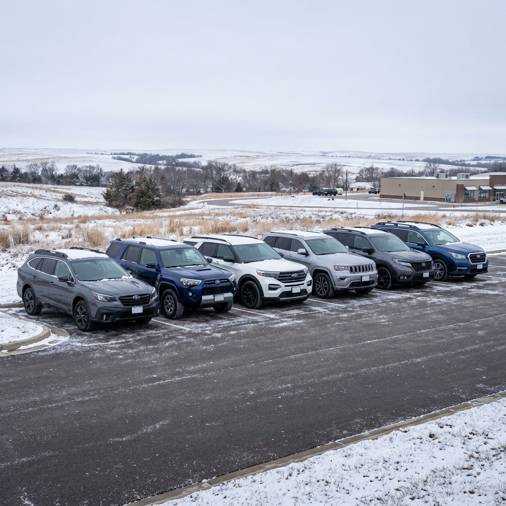 Six SUVs parked side-by-side in a snowy parking lot against a rolling countryside backdrop. (Representative image for illustration purposes only. Actual vehicle may vary based on trim and configuration.)