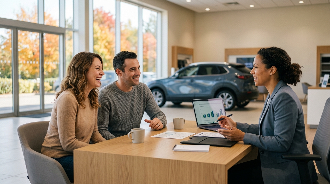 A happy couple sits across from a sales professional at a car dealership desk reviewing vehicle paperwork. (Representative image for illustration purposes only. Actual vehicle may vary based on trim and configuration.)