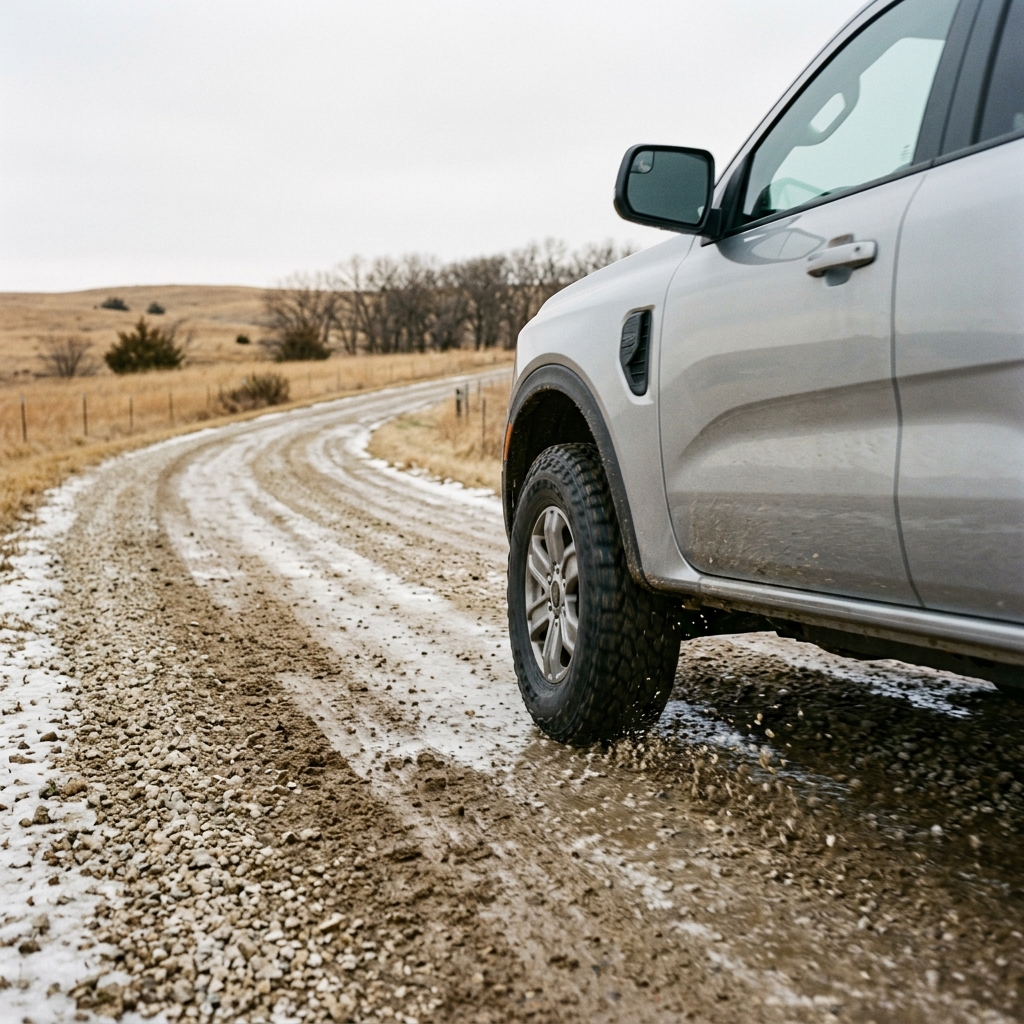 Side view of a silver pickup truck driving through mud and slush on a winding country gravel road. (Representative image for illustration purposes only. Actual vehicle may vary based on trim and configuration.)