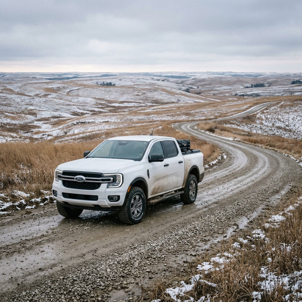 White Ford Ranger pickup truck driving along a winding gravel road through snow-dusted rolling hills. (Representative image for illustration purposes only. Actual vehicle may vary based on trim and configuration.)