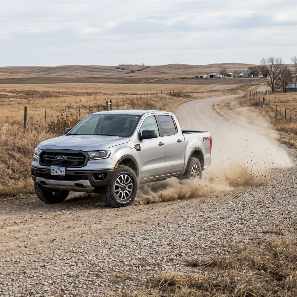 Silver Ford Ranger pickup truck kicking up dust while driving down a rural gravel road. (Representative image for illustration purposes only. Actual vehicle may vary based on trim and configuration.)