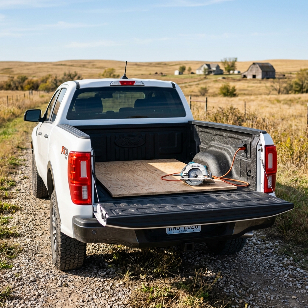 Rear view of a white Ford truck with open tailgate, plywood, and a circular saw plugged into the truck bed outlet. (Representative image for illustration purposes only. Actual vehicle may vary based on trim and configuration.)