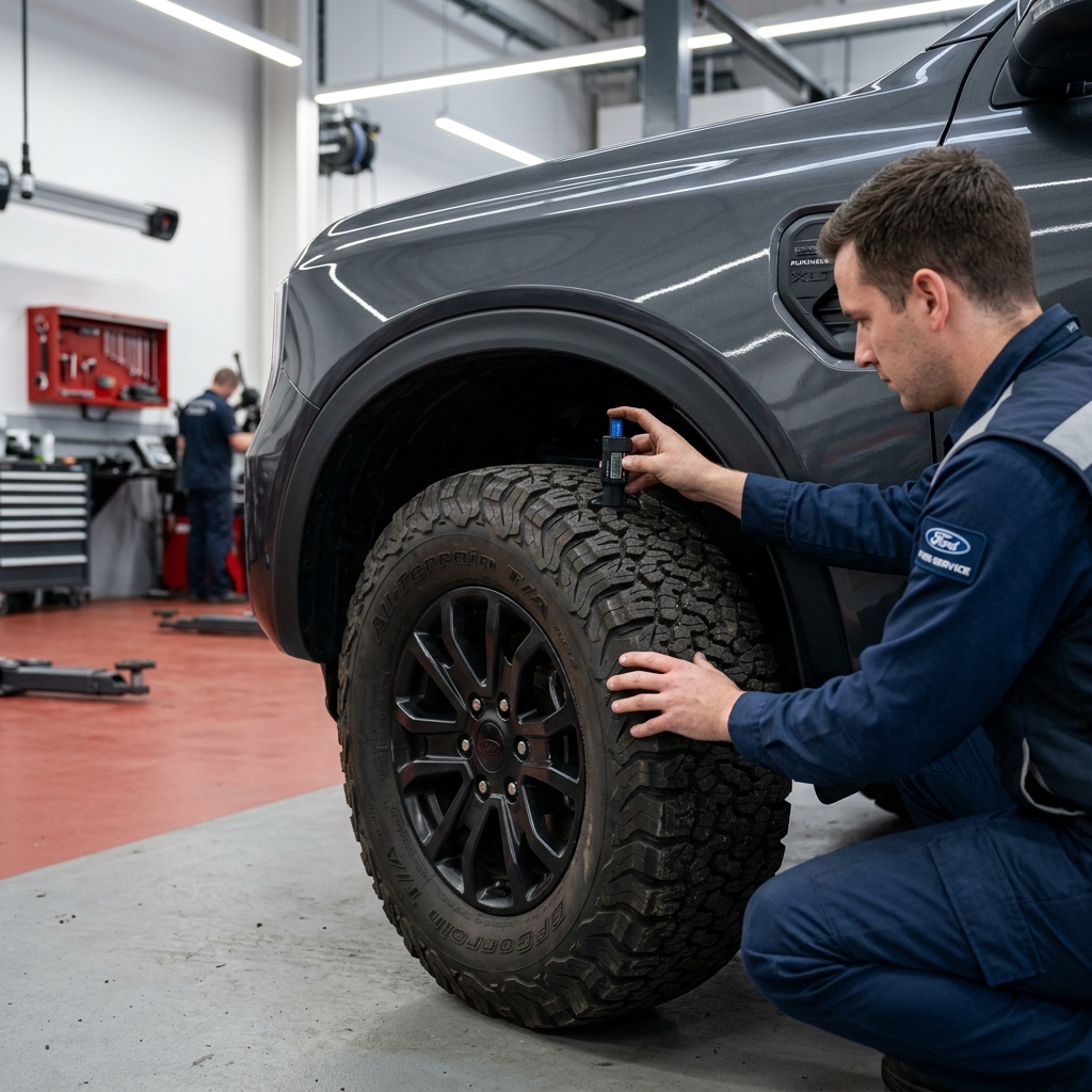 A Ford service technician crouching to measure the tread depth on a truck's all-terrain tire using a gauge. (Representative image for illustration purposes only. Actual vehicle may vary based on trim and configuration.)