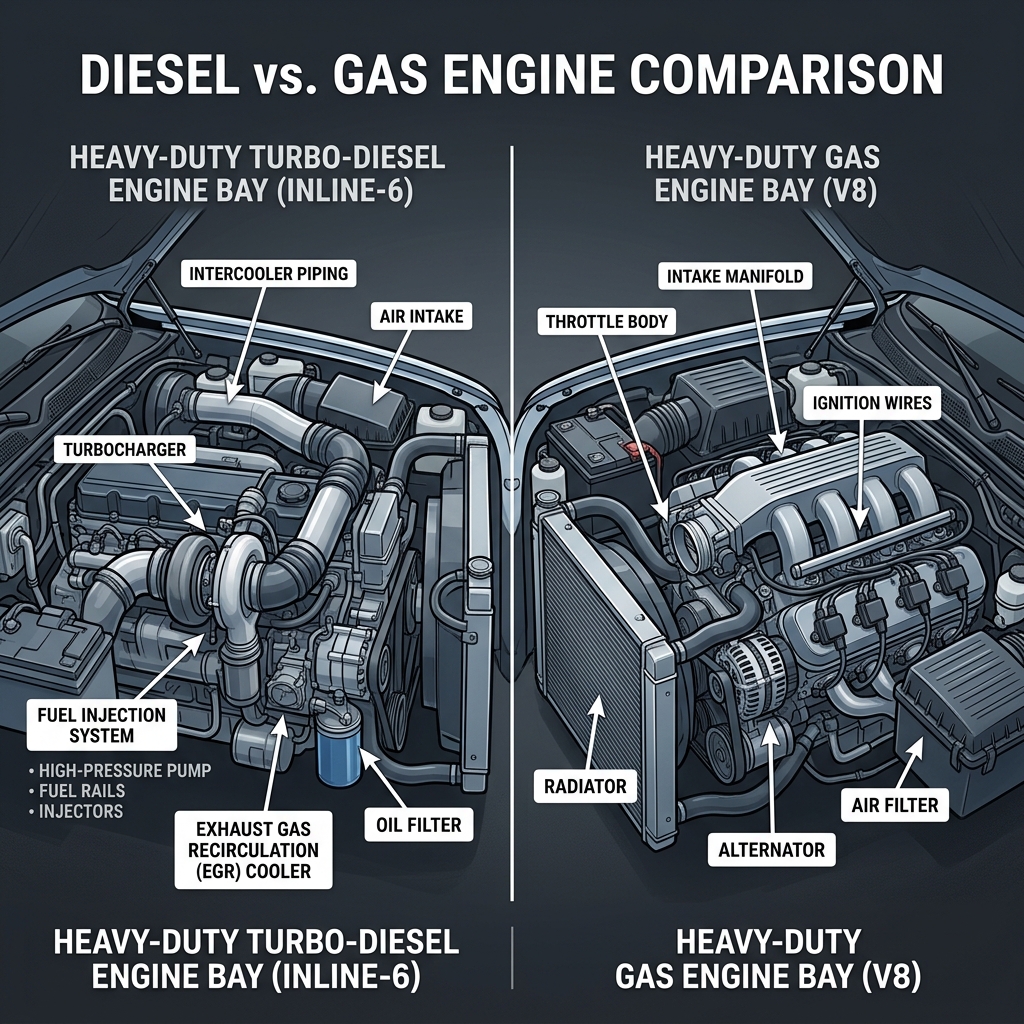 Diagram comparing an inline-6 turbo-diesel engine bay and a V8 gas engine bay with key mechanical components labeled. (Representative image for illustration purposes only. Actual vehicle may vary based on trim and configuration.)