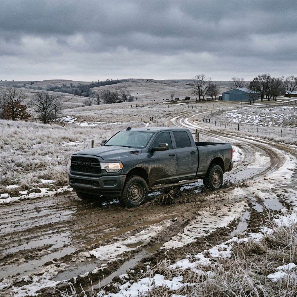 Dark grey RAM pickup truck driving through a muddy, snow-covered dirt road in a rural landscape. (Representative image for illustration purposes only. Actual vehicle may vary based on trim and configuration.)