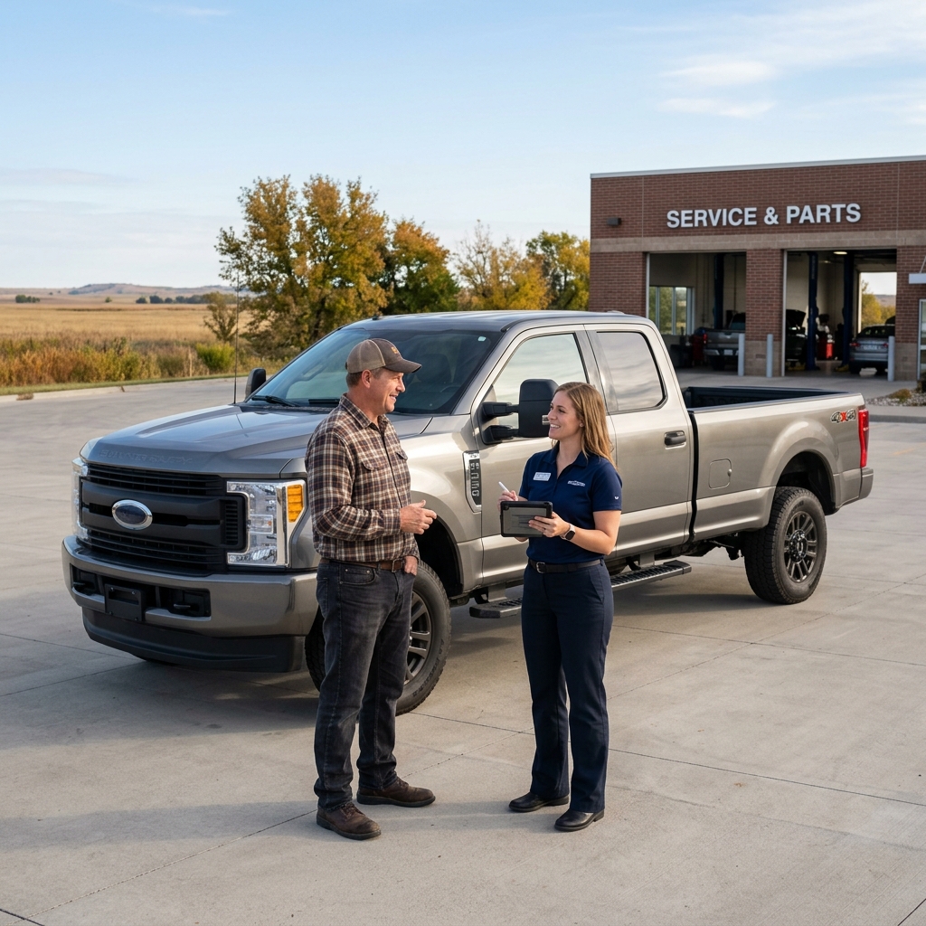 A service advisor with a tablet greets a truck owner in front of a Ford pickup outside a Service & Parts center. (Representative image for illustration purposes only. Actual vehicle may vary based on trim and configuration.)
