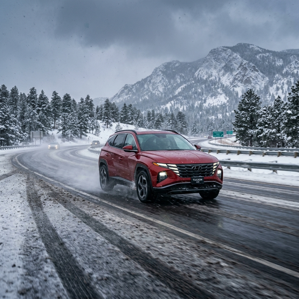 A red Hyundai Tucson SUV driving on a wet, slushy road through a snowy mountain landscape. (Representative image for illustration purposes only. Actual vehicle may vary based on trim and configuration.)