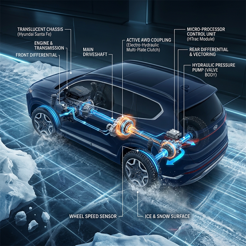 Technical cutaway diagram illustrating the HTRAC all-wheel drive drivetrain components of a Hyundai Santa Fe on ice. (Representative image for illustration purposes only. Actual vehicle may vary based on trim and configuration.)