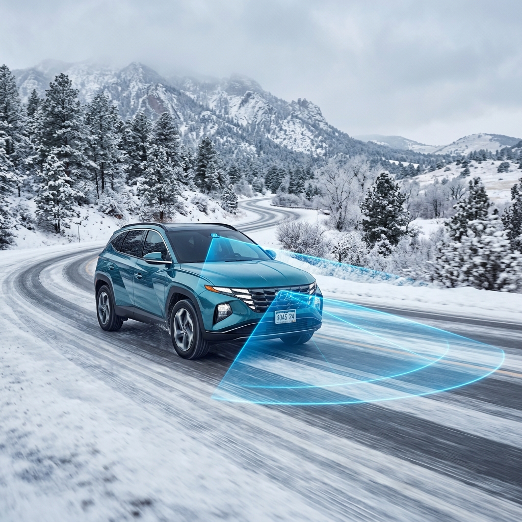 Teal SUV driving on a snowy mountain road with blue sensor lights projecting ahead for driver assistance technology. (Representative image for illustration purposes only. Actual vehicle may vary based on trim and configuration.)