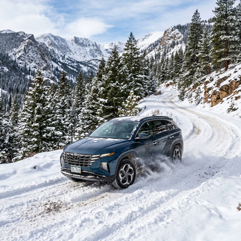 A blue Hyundai Tucson kicking up snow as it turns along a snow-covered mountain road flanked by evergreen trees. (Representative image for illustration purposes only. Actual vehicle may vary based on trim and configuration.)
