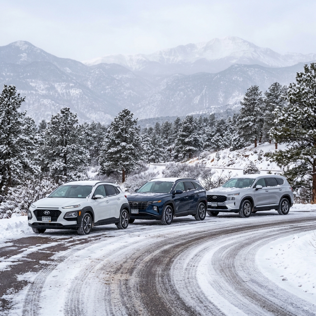 Three Hyundai SUVs parked along a curving, snow-covered road with snowy mountains and evergreen trees in the background. (Representative image for illustration purposes only. Actual vehicle may vary based on trim and configuration.)