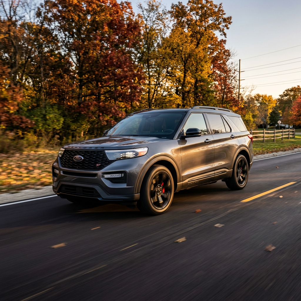 A dark gray Ford Explorer ST SUV drives down a paved road alongside colorful autumn trees. (Representative image for illustration purposes only. Actual vehicle may vary based on trim and configuration.)