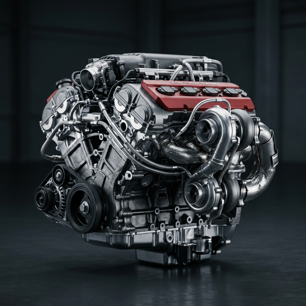Detailed 3.0-liter twin-turbocharged engine with red valve covers and dual turbos in a dark studio setting. (Representative image for illustration purposes only. Actual vehicle may vary based on trim and configuration.)