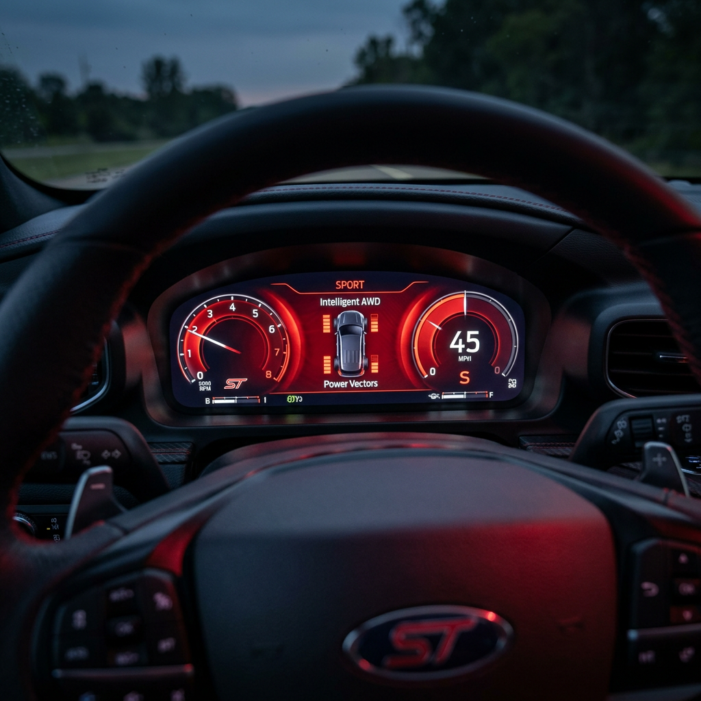 Digital instrument cluster of a Ford ST vehicle displaying a speed of 45 mph and sport mode illuminated in red. (Representative image for illustration purposes only. Actual vehicle may vary based on trim and configuration.)