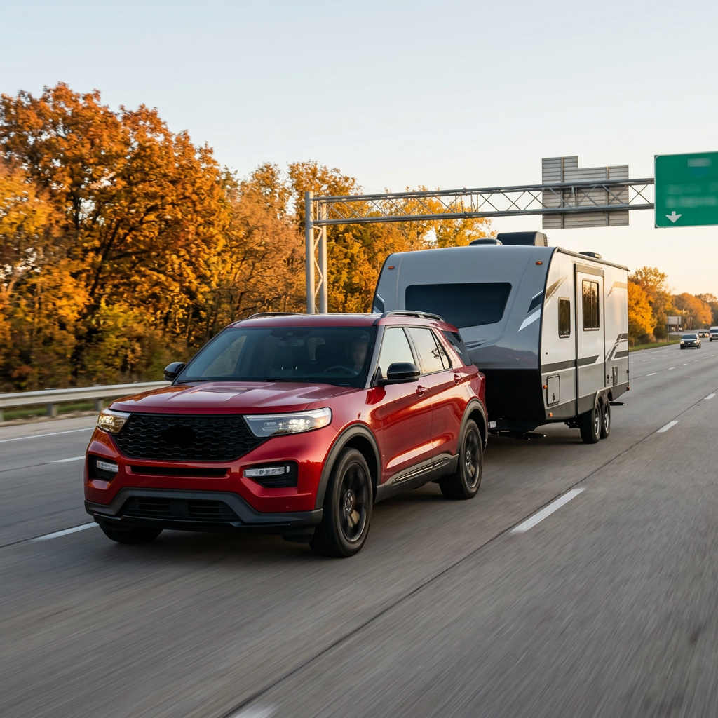 Red SUV towing a gray travel trailer along a highway past colorful autumn trees. (Representative image for illustration purposes only. Actual vehicle may vary based on trim and configuration.)