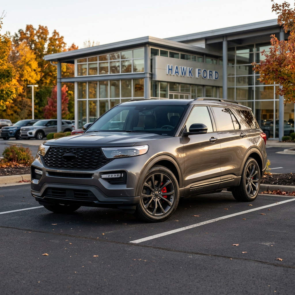 Dark grey Ford SUV parked outside a Hawk Ford dealership during autumn. (Representative image for illustration purposes only. Actual vehicle may vary based on trim and configuration.)