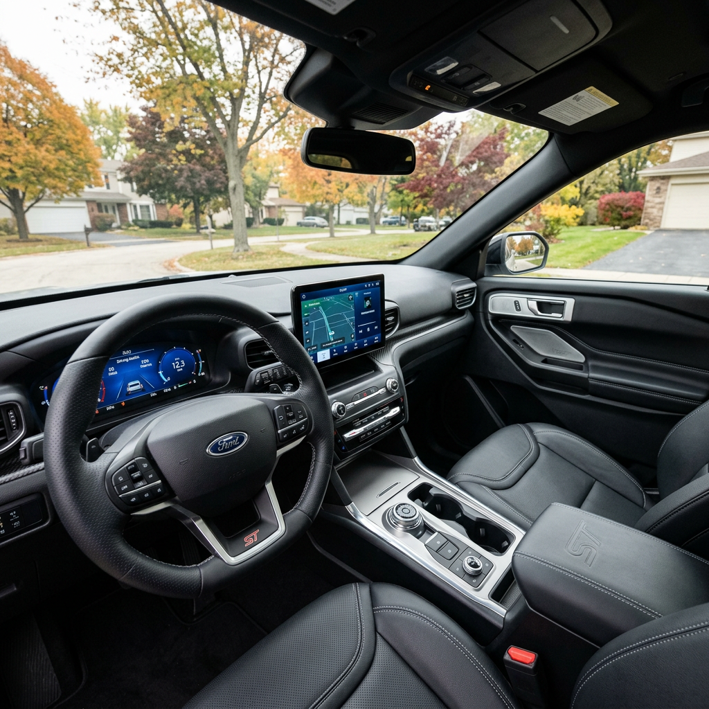 Modern car interior of a Ford Explorer ST featuring a digital dashboard, touchscreen display, and leather seats. (Representative image for illustration purposes only. Actual vehicle may vary based on trim and configuration.)