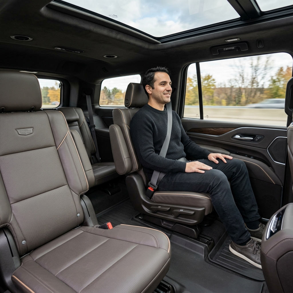 A man in a black sweater sitting comfortably in the leather second-row seat of a moving luxury SUV. (Representative image for illustration purposes only. Actual vehicle may vary based on trim and configuration.)
