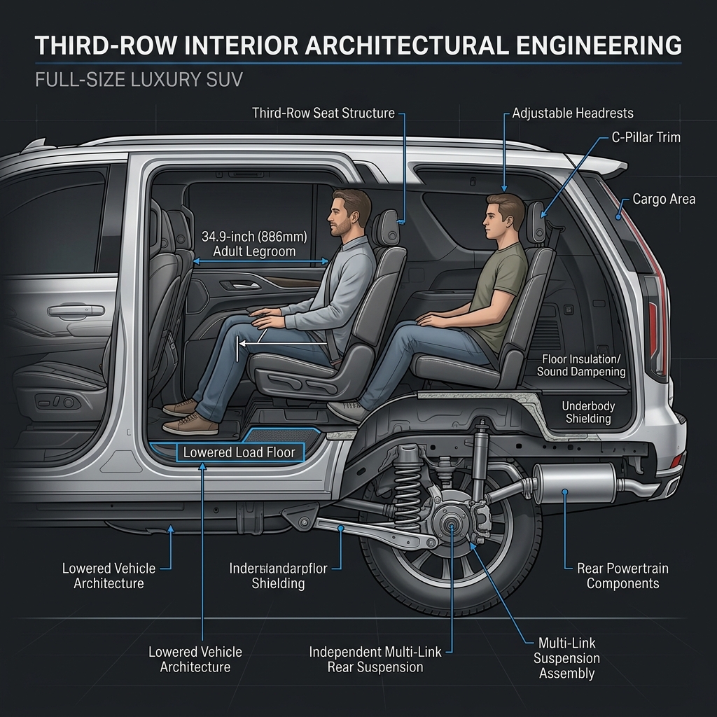 Cutaway diagram showing the third-row seat engineering, legroom, and multi-link rear suspension of a luxury SUV. (Representative image for illustration purposes only. Actual vehicle may vary based on trim and configuration.)