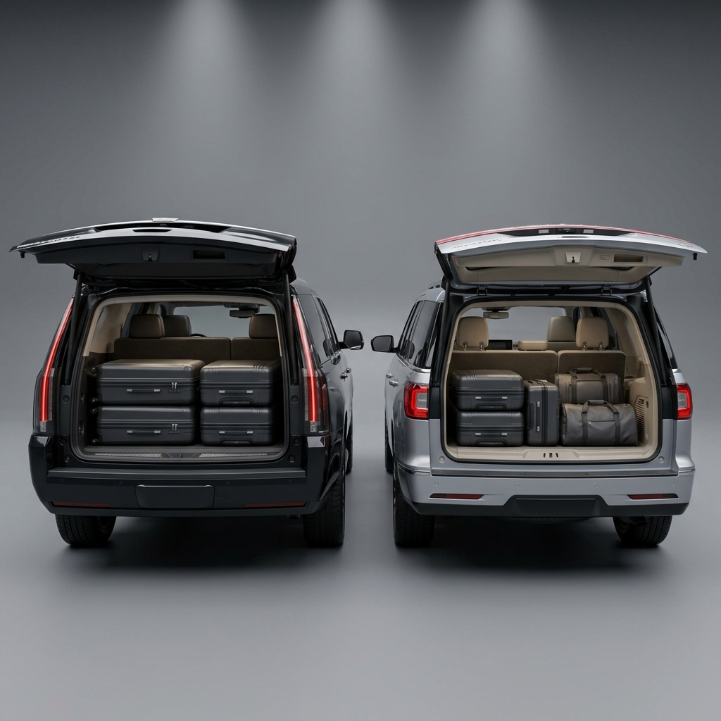 Black and silver SUVs side-by-side with open trunks filled with suitcases and travel bags. (Representative image for illustration purposes only. Actual vehicle may vary based on trim and configuration.)