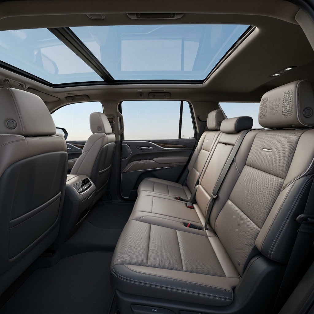 Spacious luxury SUV interior featuring beige leather seats, a panoramic sunroof, and premium audio headrests. (Representative image for illustration purposes only. Actual vehicle may vary based on trim and configuration.)