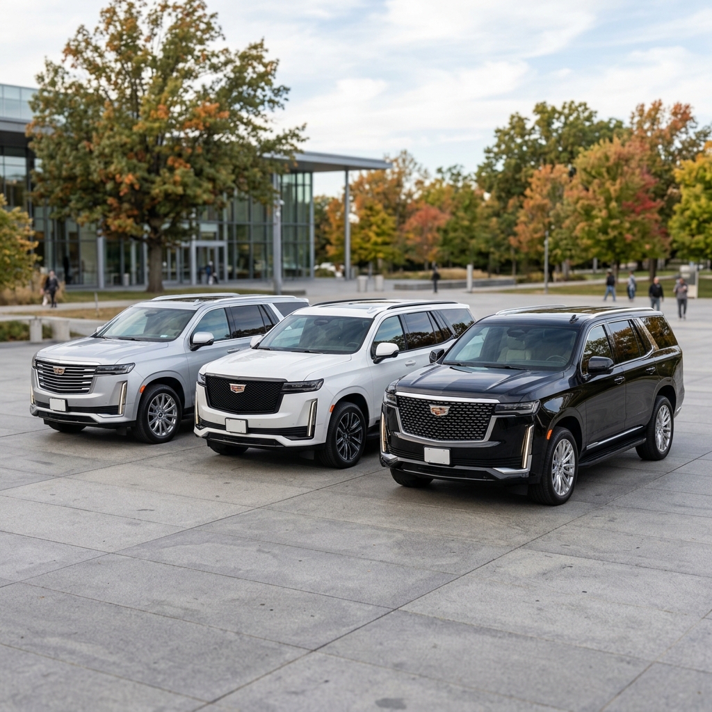 Three Cadillac Escalade SUVs in silver, white, and black parked side by side on a paved plaza. (Representative image for illustration purposes only. Actual vehicle may vary based on trim and configuration.)