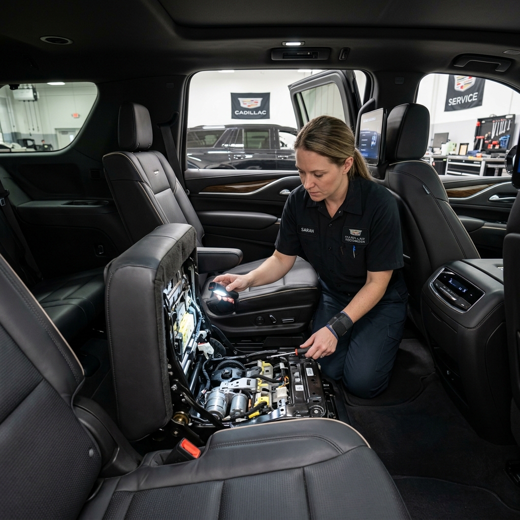 A female Cadillac technician uses a flashlight to inspect electrical wiring and motors under a folded SUV seat. (Representative image for illustration purposes only. Actual vehicle may vary based on trim and configuration.)