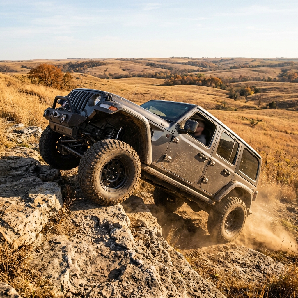 Dark grey Jeep Wrangler climbing a steep rocky ledge in a rolling prairie hill landscape. (Representative image for illustration purposes only. Actual vehicle may vary based on trim and configuration.)