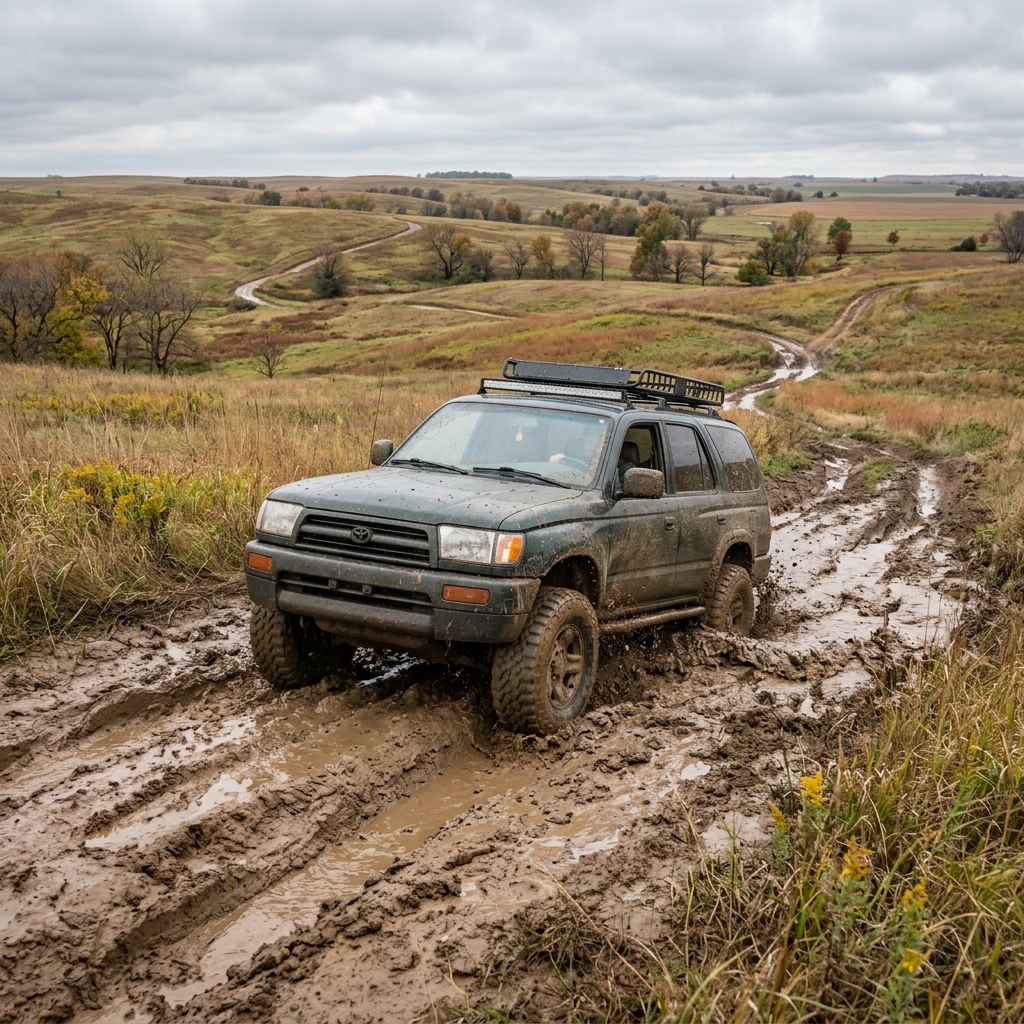 Dark green Toyota 4Runner driving through deep mud ruts on a rural dirt road through grassy hills. (Representative image for illustration purposes only. Actual vehicle may vary based on trim and configuration.)