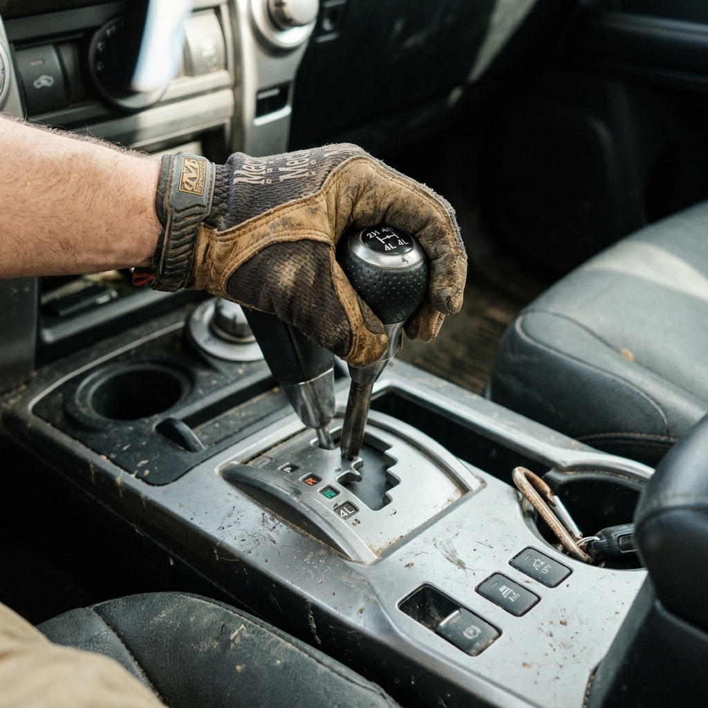 A gloved hand shifts a 4WD lever inside a dirty off-road vehicle center console. (Representative image for illustration purposes only. Actual vehicle may vary based on trim and configuration.)