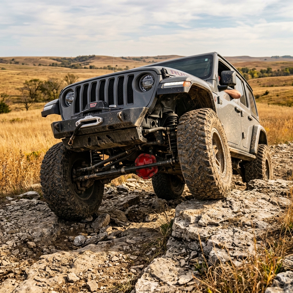 Gray off-road Jeep Wrangler traversing a rugged, rocky trail in a grassy countryside setting. (Representative image for illustration purposes only. Actual vehicle may vary based on trim and configuration.)