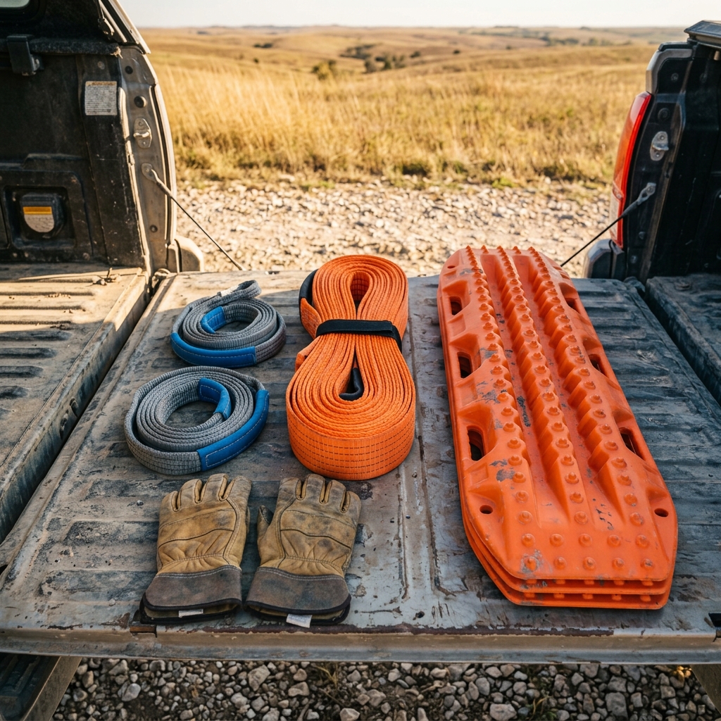 Off-road recovery gear including orange traction boards, a tow strap, ropes, and gloves neatly laid out on a truck tailgate. (Representative image for illustration purposes only. Actual vehicle may vary based on trim and configuration.)