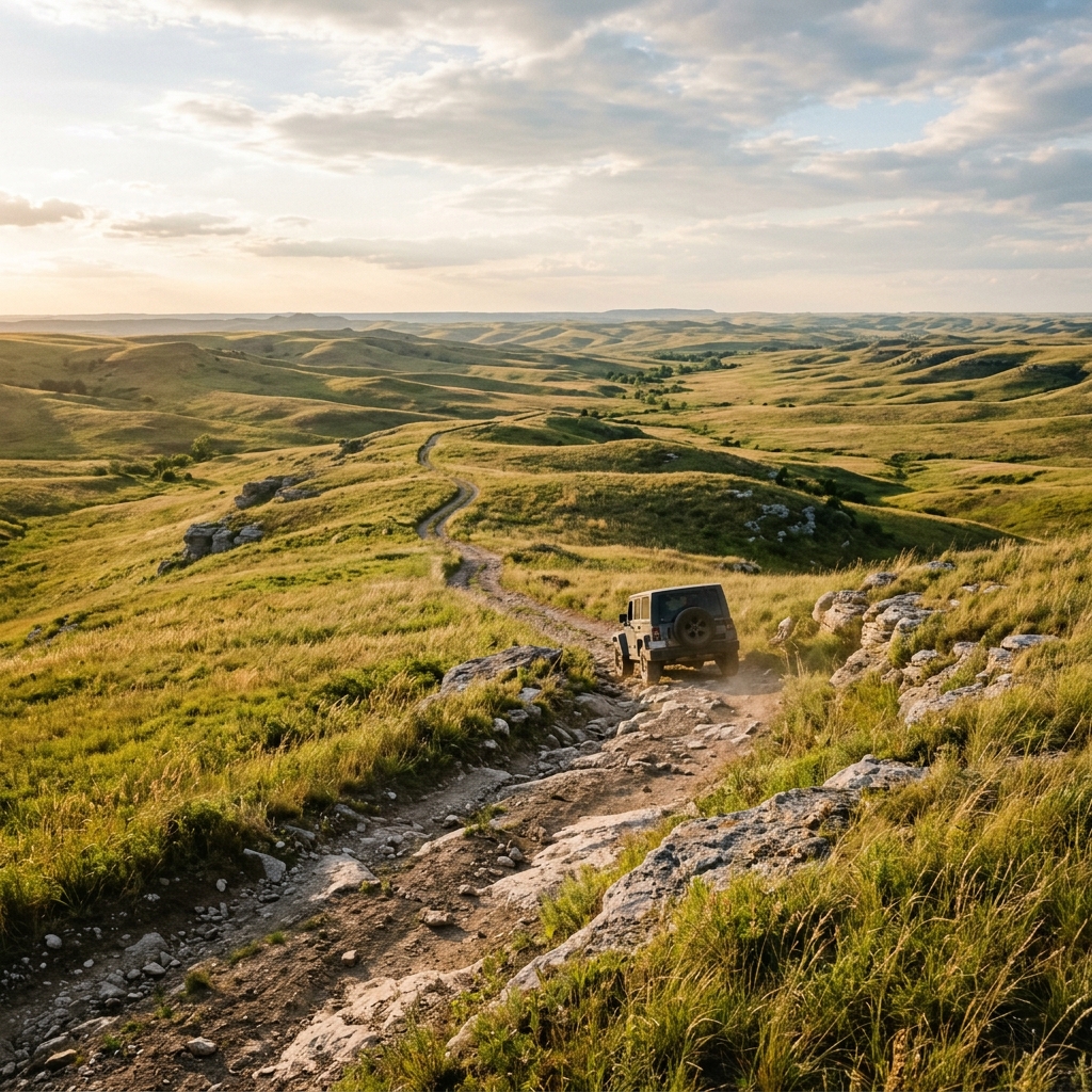 An SUV driving along a winding, rocky dirt trail through vast rolling green and yellow grassy hills at sunset. (Representative image for illustration purposes only. Actual vehicle may vary based on trim and configuration.)