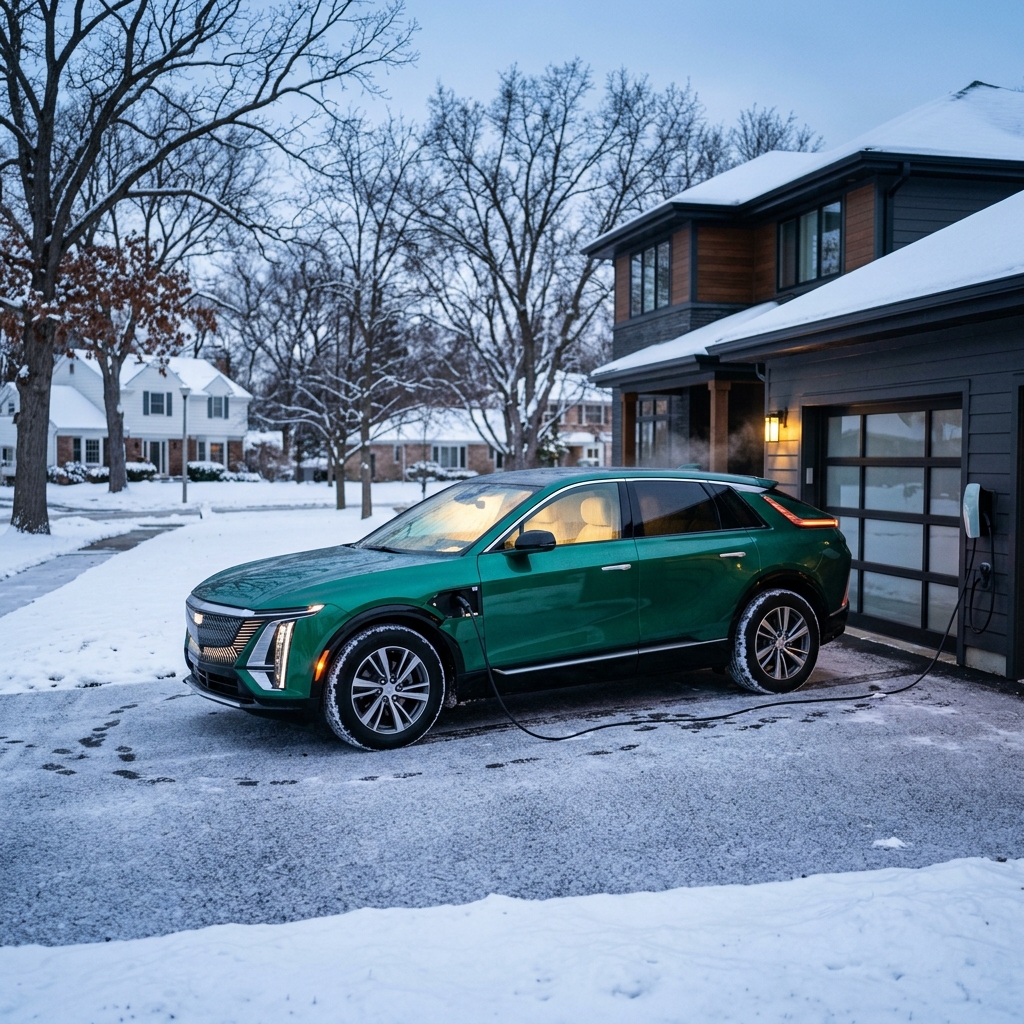 A metallic green electric SUV parked on a snowy driveway, plugged into a home EV charger next to a modern house. (Representative image for illustration purposes only. Actual vehicle may vary based on trim and configuration.)