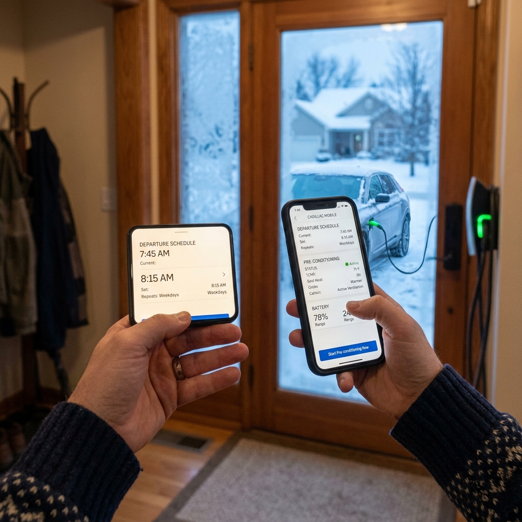 Hands holding a smartphone and screen showing EV departure schedules with an electric car charging in snow outside. (Representative image for illustration purposes only. Actual vehicle may vary based on trim and configuration.)
