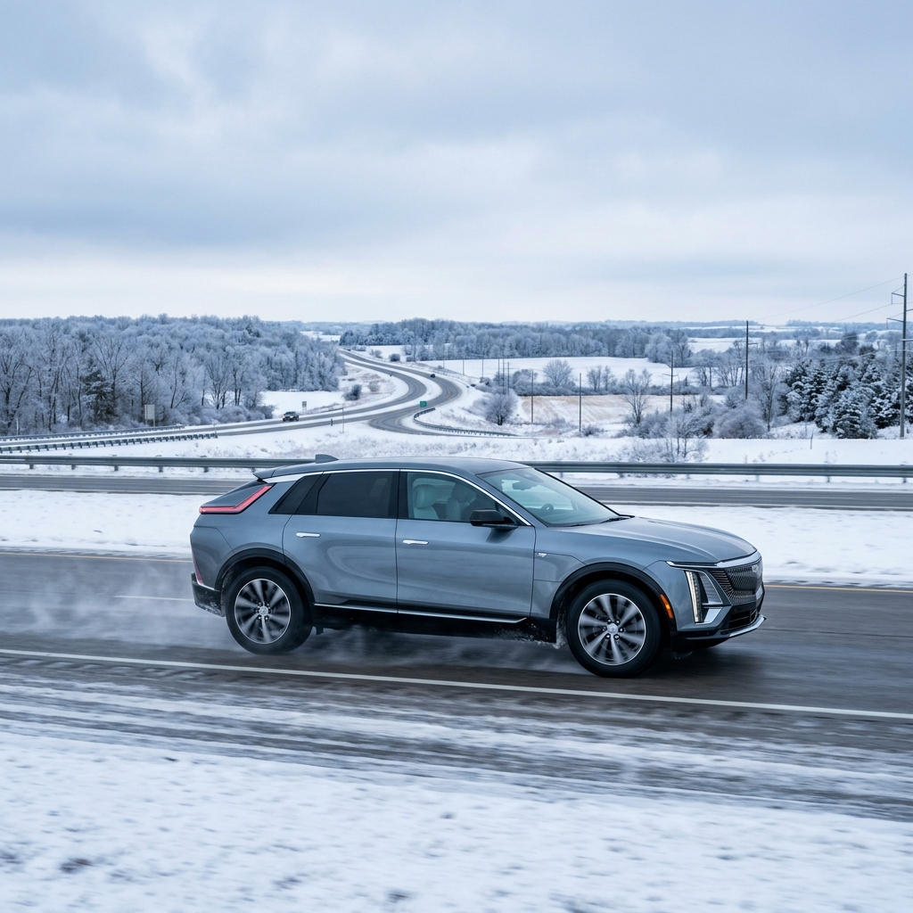 Silver-blue Cadillac Lyriq electric SUV driving along a highway through a snowy winter landscape. (Representative image for illustration purposes only. Actual vehicle may vary based on trim and configuration.)