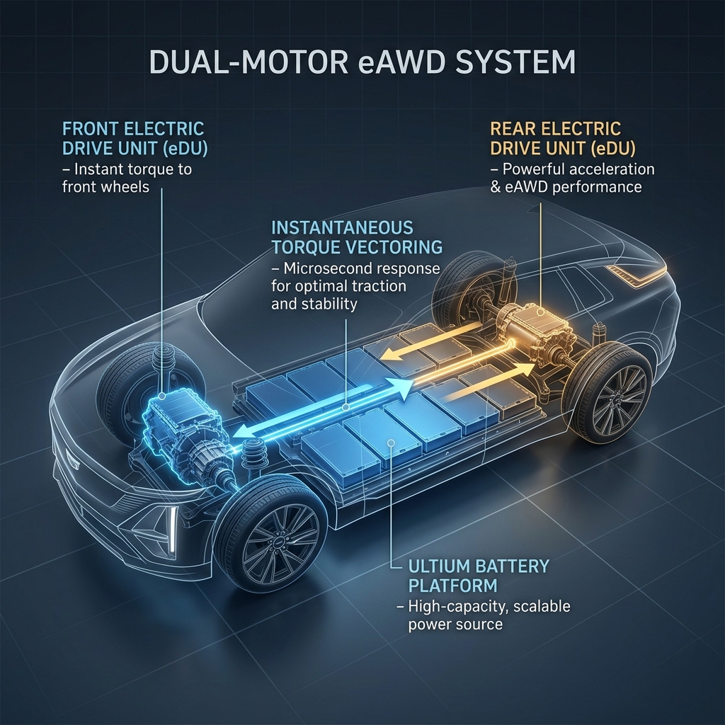 Diagram of a dual-motor eAWD system in an electric vehicle, showing the Ultium battery platform and drive units. (Representative image for illustration purposes only. Actual vehicle may vary based on trim and configuration.)