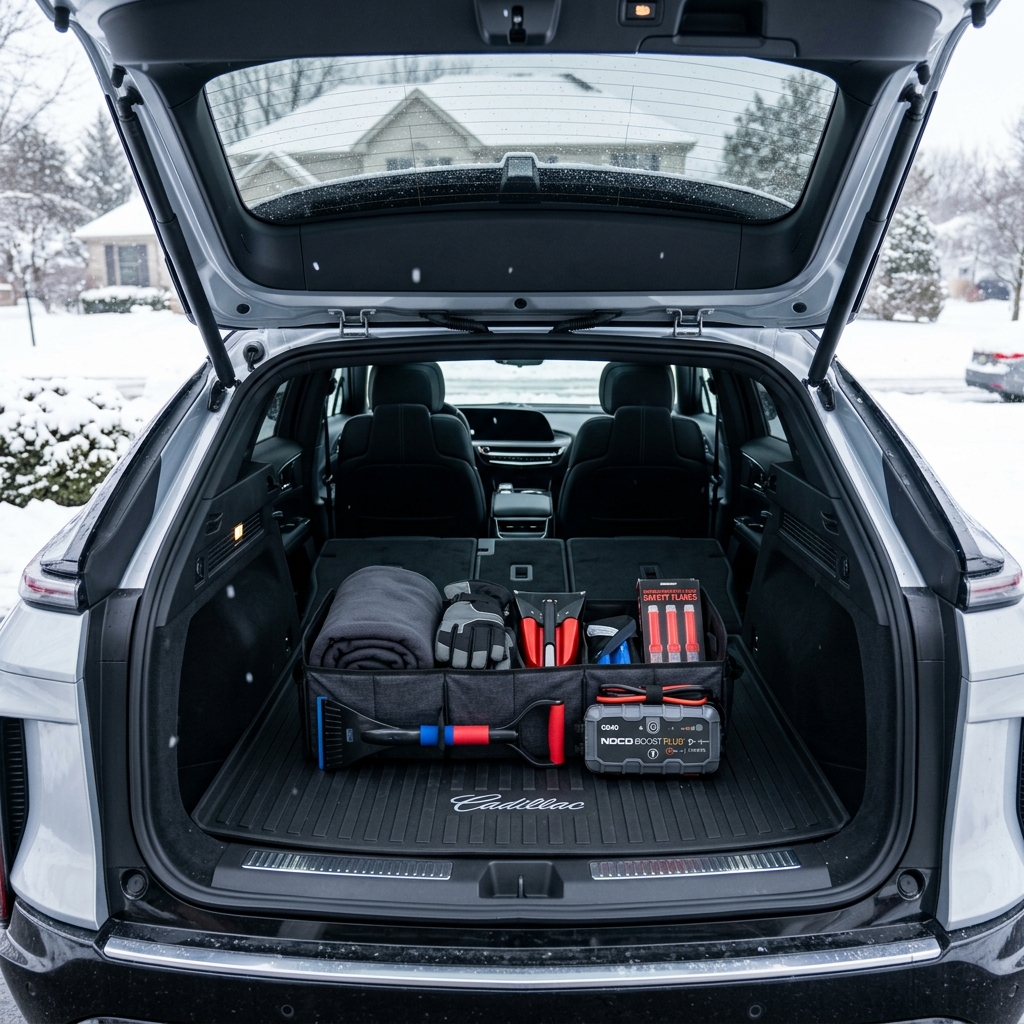 Open trunk of a silver SUV packed with a winter emergency kit, including a blanket, shovel, ice scraper, and jump starter. (Representative image for illustration purposes only. Actual vehicle may vary based on trim and configuration.)
