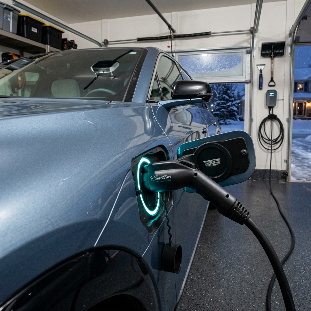 A light blue Cadillac electric vehicle plugged into a charger inside a garage with snow outside. (Representative image for illustration purposes only. Actual vehicle may vary based on trim and configuration.)