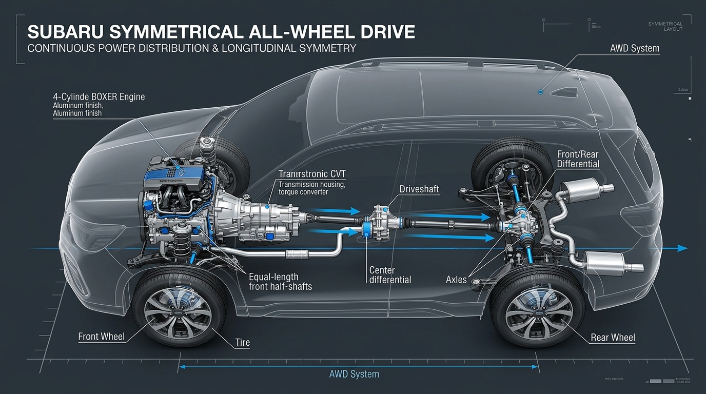 Technical diagram illustrating Subaru's symmetrical all-wheel drive powertrain system inside a transparent car outline. (Representative image for illustration purposes only. Actual vehicle may vary based on trim and configuration.)