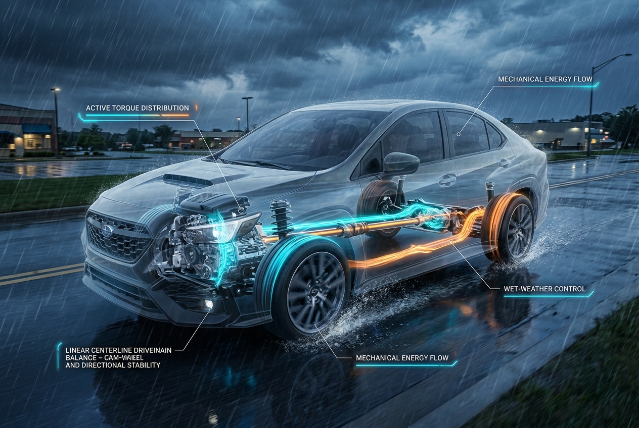 Cutaway graphic of a Subaru sedan driving in rainy weather highlighting its all-wheel drive drivetrain system. (Representative image for illustration purposes only. Actual vehicle may vary based on trim and configuration.)