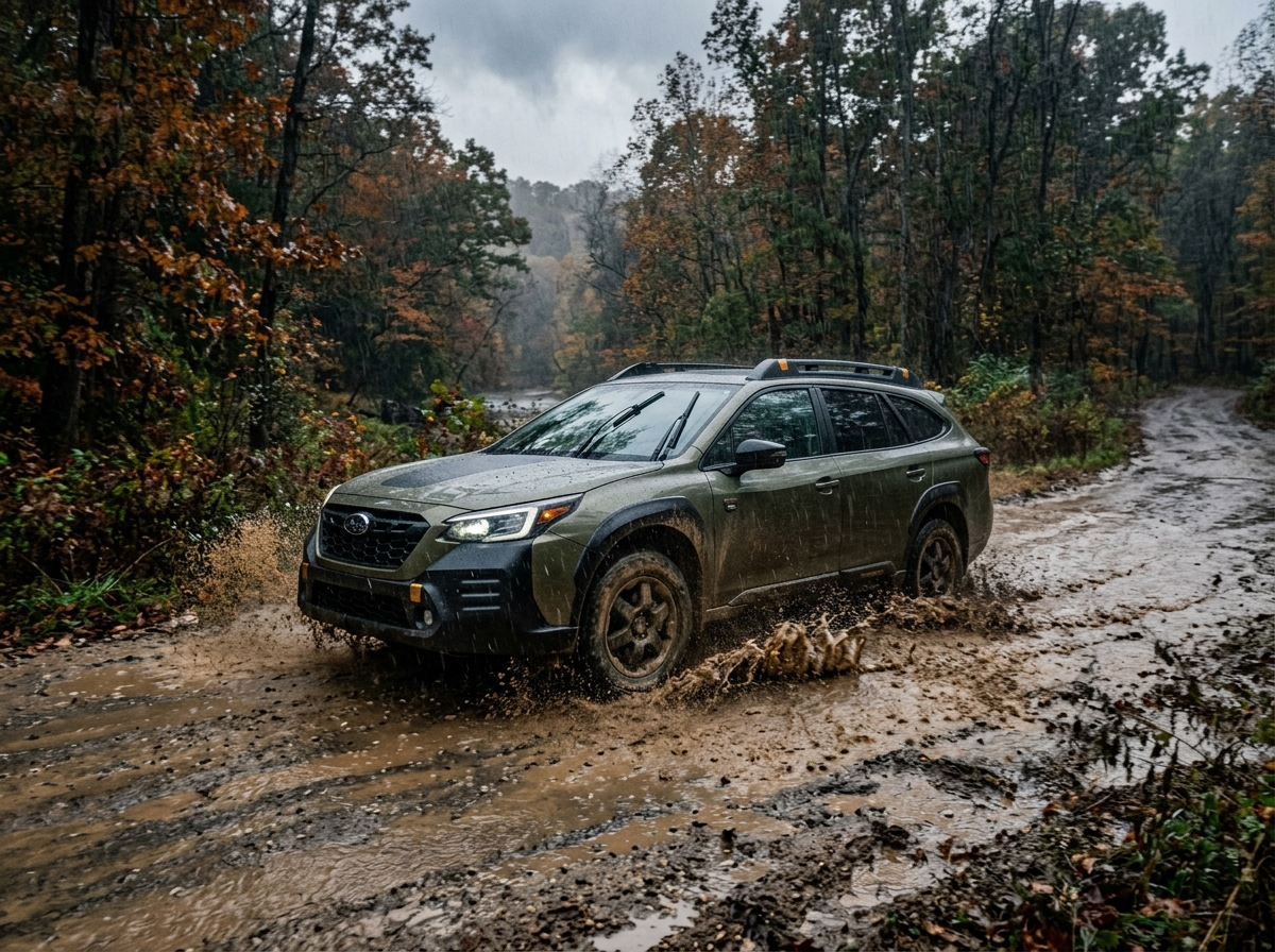An olive green Subaru Outback Wilderness splashes through a deep, muddy puddle on a rainy forest trail. (Representative image for illustration purposes only. Actual vehicle may vary based on trim and configuration.)